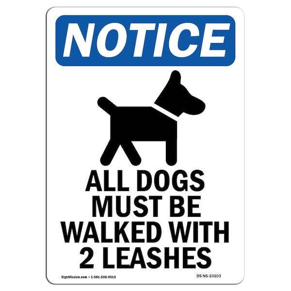 Safety Sign, OSHA Notice, 24" Height, Aluminum, All Dogs Must Be Walked Sign With Symbol, Portrait